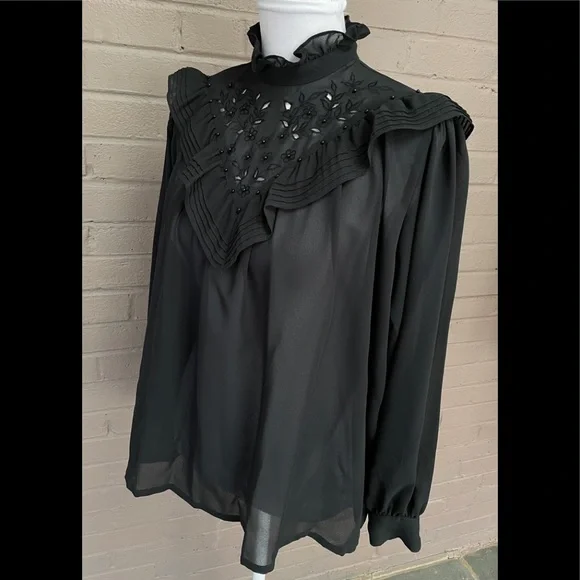 Vintage black ruffle collar shear blouse  XL - Picture 6 of 12